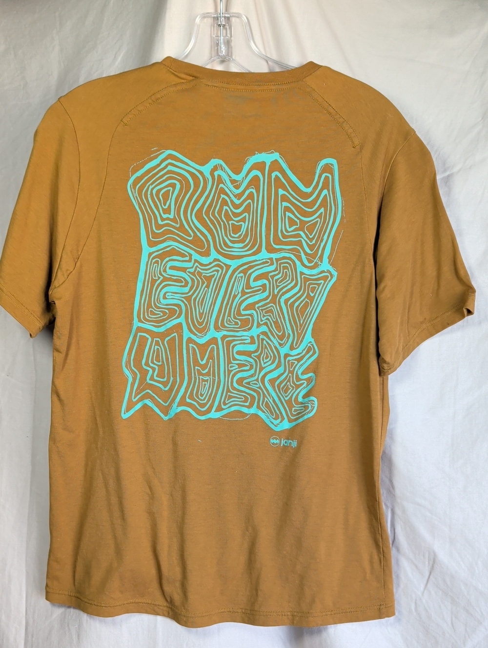 Janji Mustard Tee with Turquoise Abstract Back Print Gorpcore Street Wear